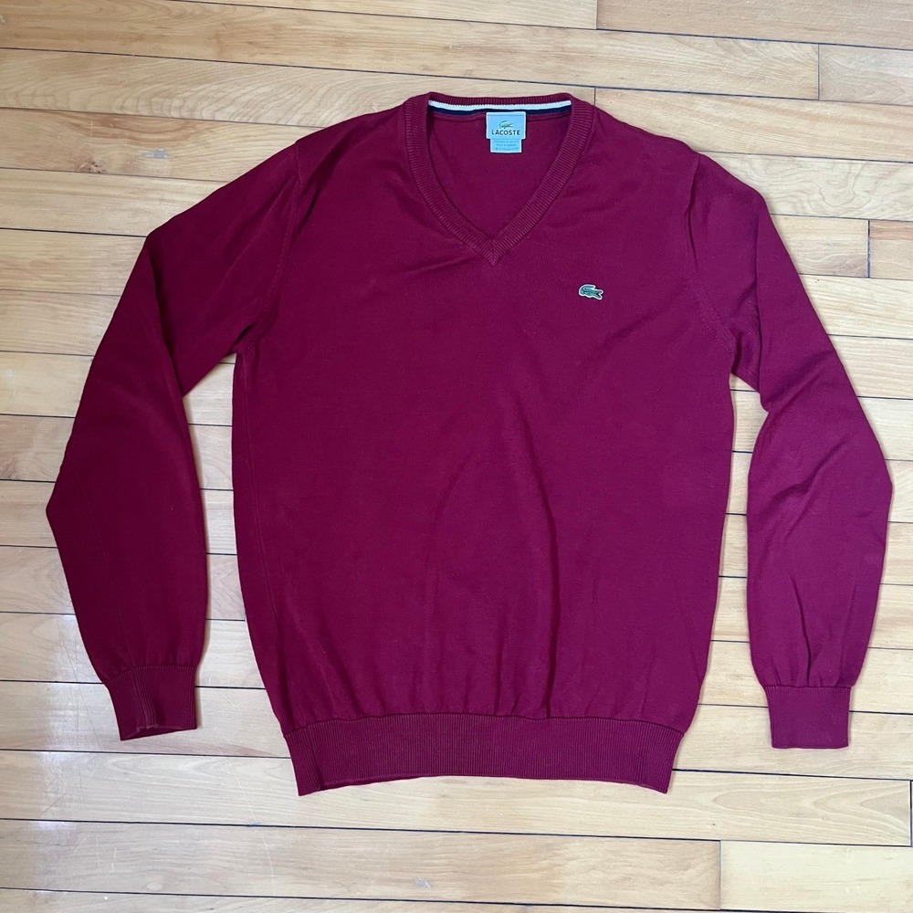Lacoste Mens V-Neck Cotton Sweater Burgundy Red Logo Size 4 Medium AH2987